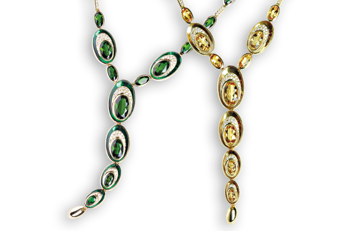 Gelbgold Collier mit Diamanten und gelbem und grünem Kristall von Juwelier Wilm Hamburg