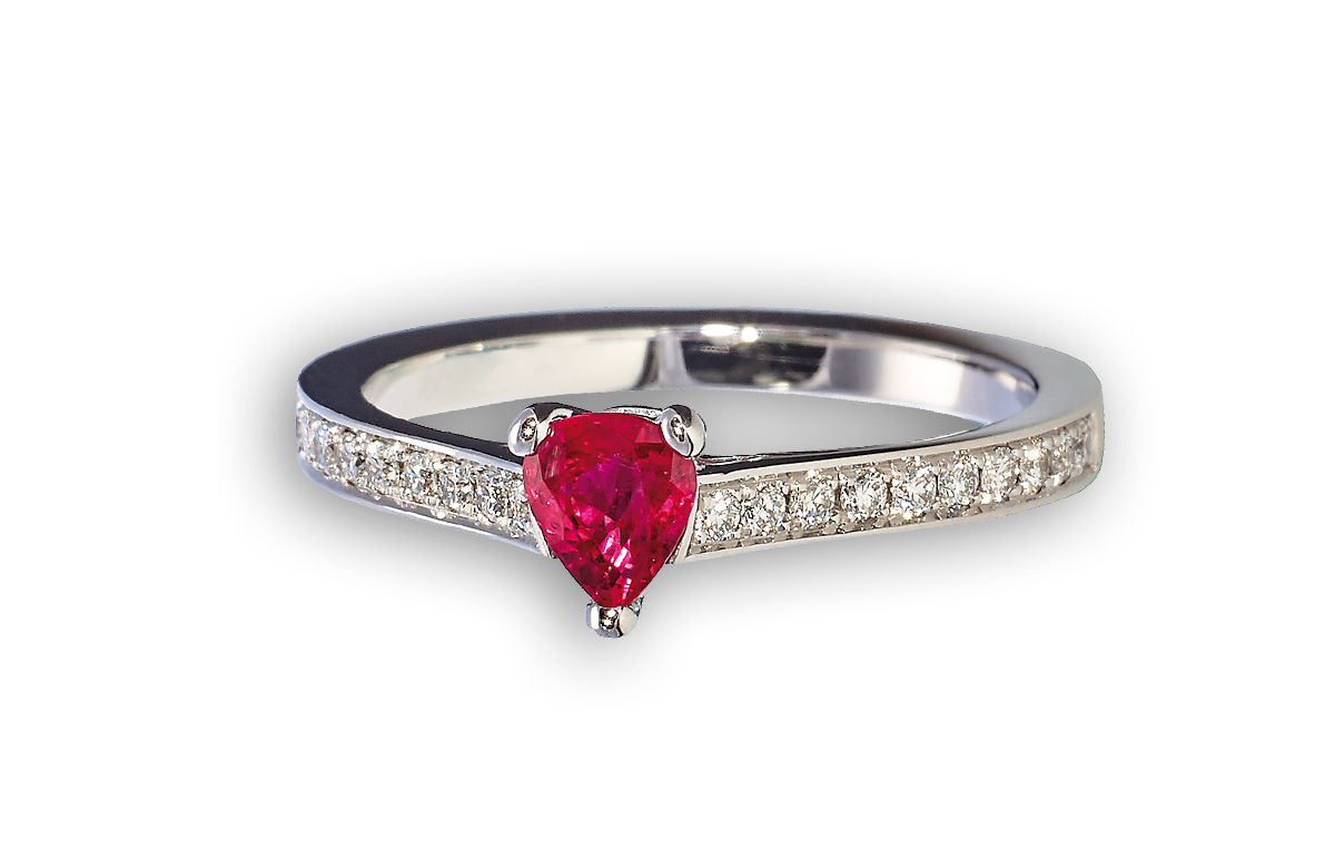 Rubin-Ring mit tropfenförmigem Stein und 20 Diamanten in Hamburg und Sylt bei Juwelier Wilm