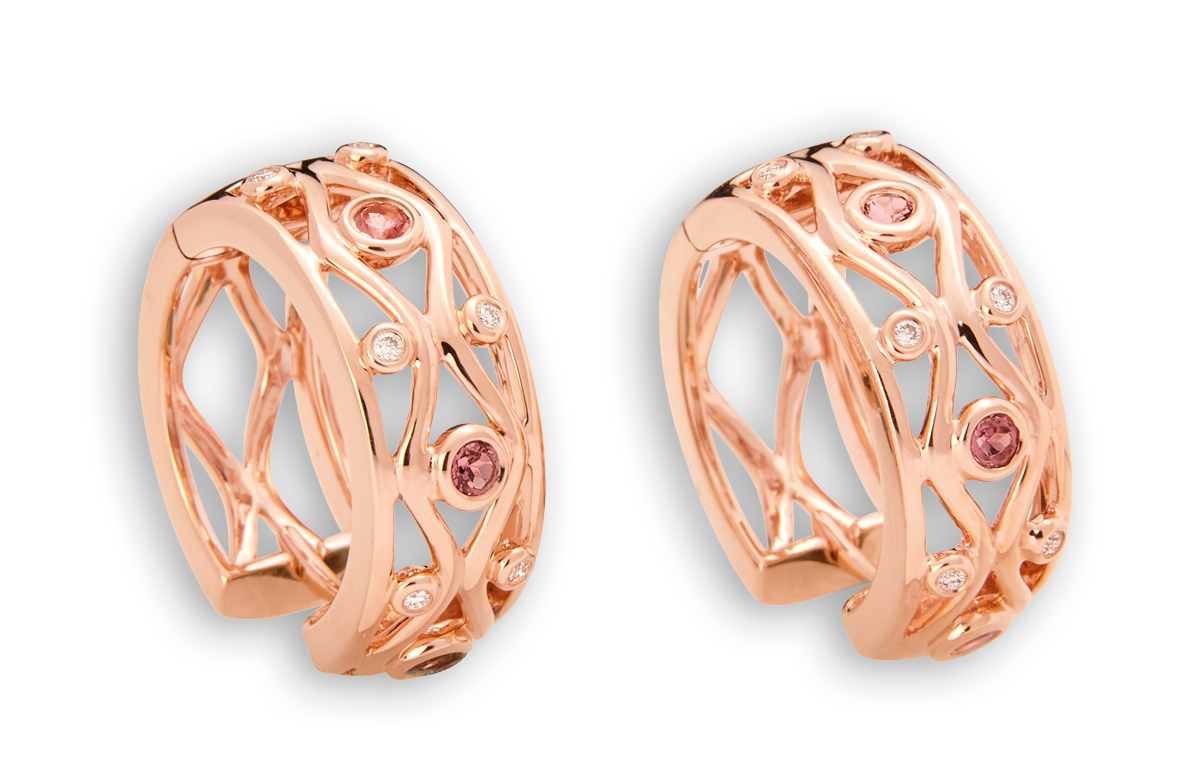 Rotgold Ohrringe mit Diamanten und pinkfarbenen Turmaline bei Juwelier Wilm Hamburg