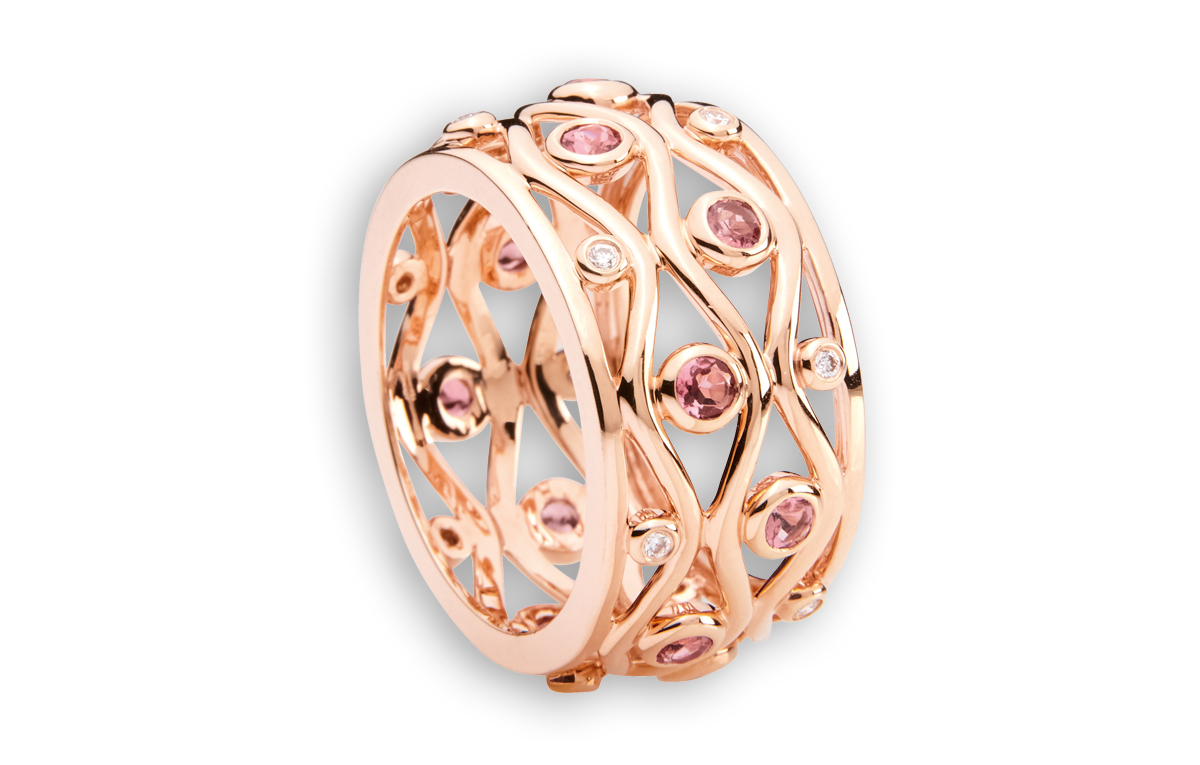 Rotgold Ring mit Diamanten und pinkfarbenen Turmalinen bei Juwelier Wilm Hamburg
