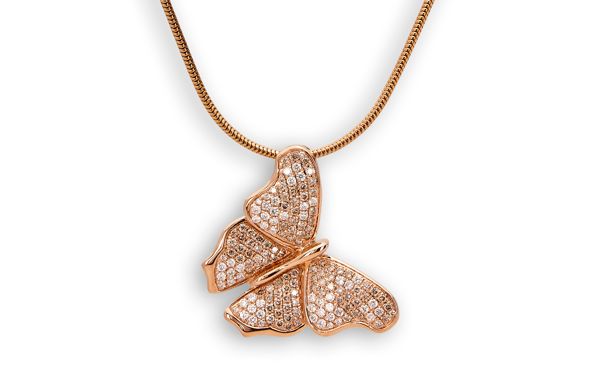 Schmetterlings-Diamantcollier aus Rotgold mit champagnerfarbenen und weißen Diamanten. Made in Hamburg