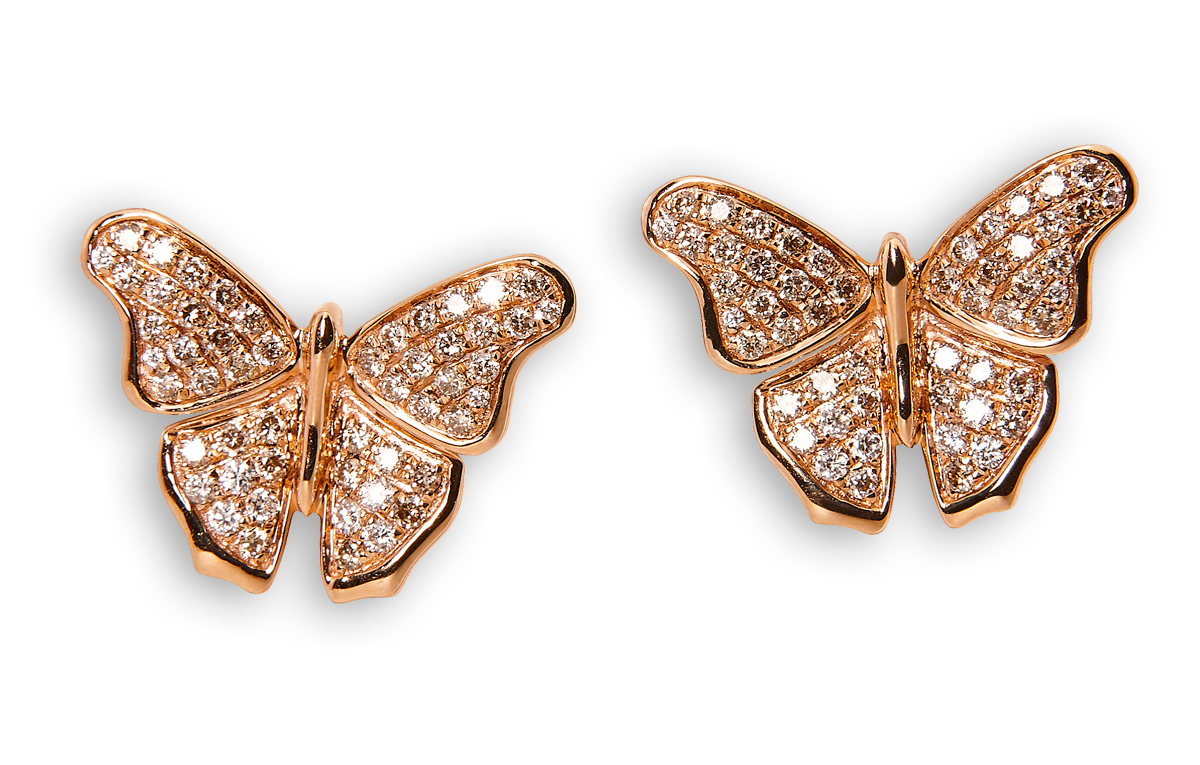 Schmetterlings-Diamant-Ohrstecker aus Rotgold mit champagnerfarbenen und weißen Diamanten. Made in Hamburg