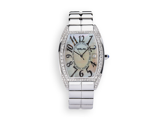 Juwelier Wilm Armbanduhr Mod. 3000 “Tonneau”, Weißgold, Diamanten, blauer Saphir