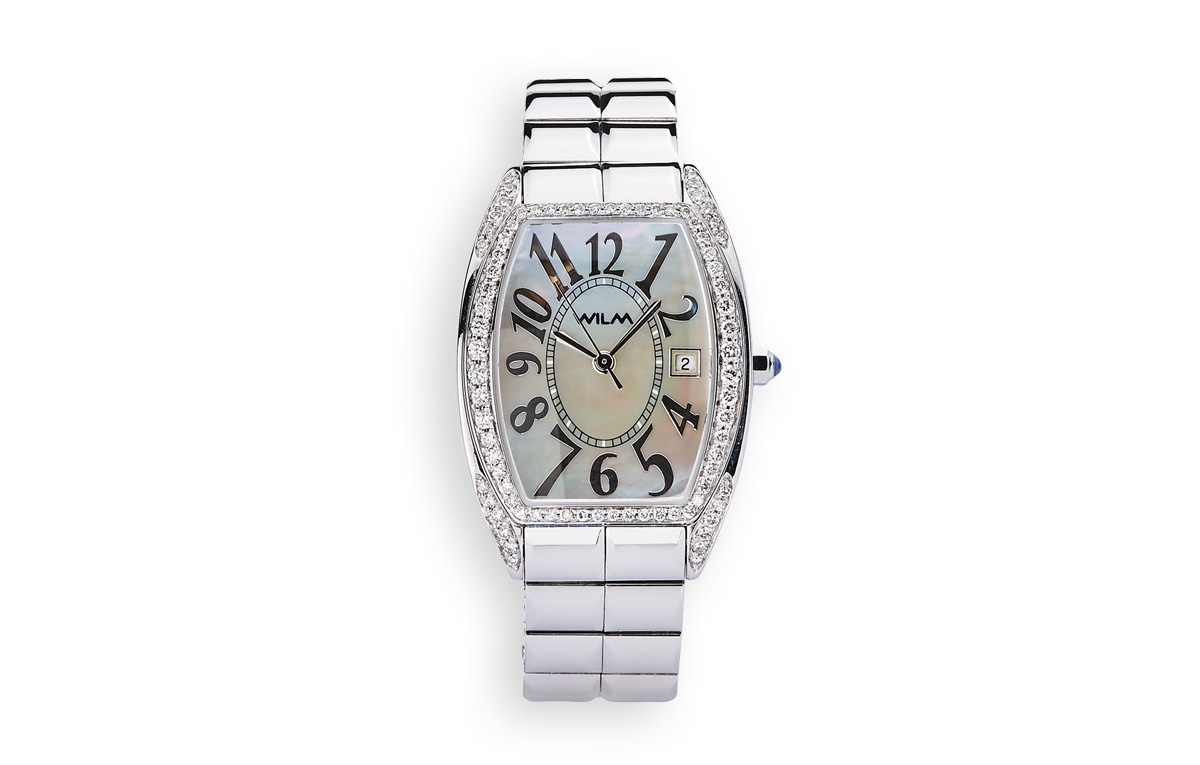 WILM – Armbanduhr Mod. 3000 “Tonneau”, Weißgold, Diamanten, blauer Saphir