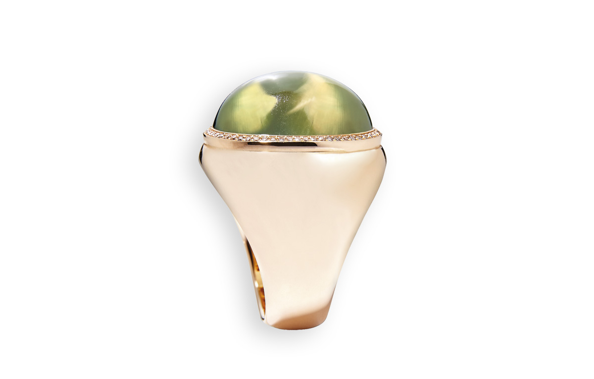 Roségold-Ring mit Prehnit und braune Diamanten in Hamburg kaufen, bei Juwelier Wilm, Ballindamm