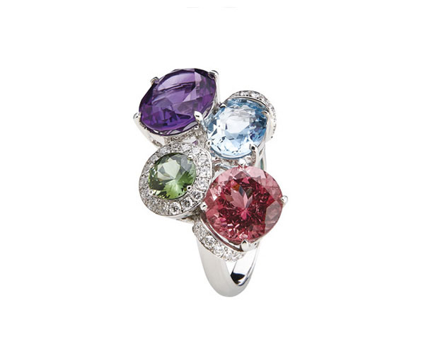 Weißgold-Ring mit Amethyst, grüner Zirkon, Blautopas, rosa Turmalin, Diamanten in Hamburg kaufen, bei Juwelier Wilm, Ballindamm 26
