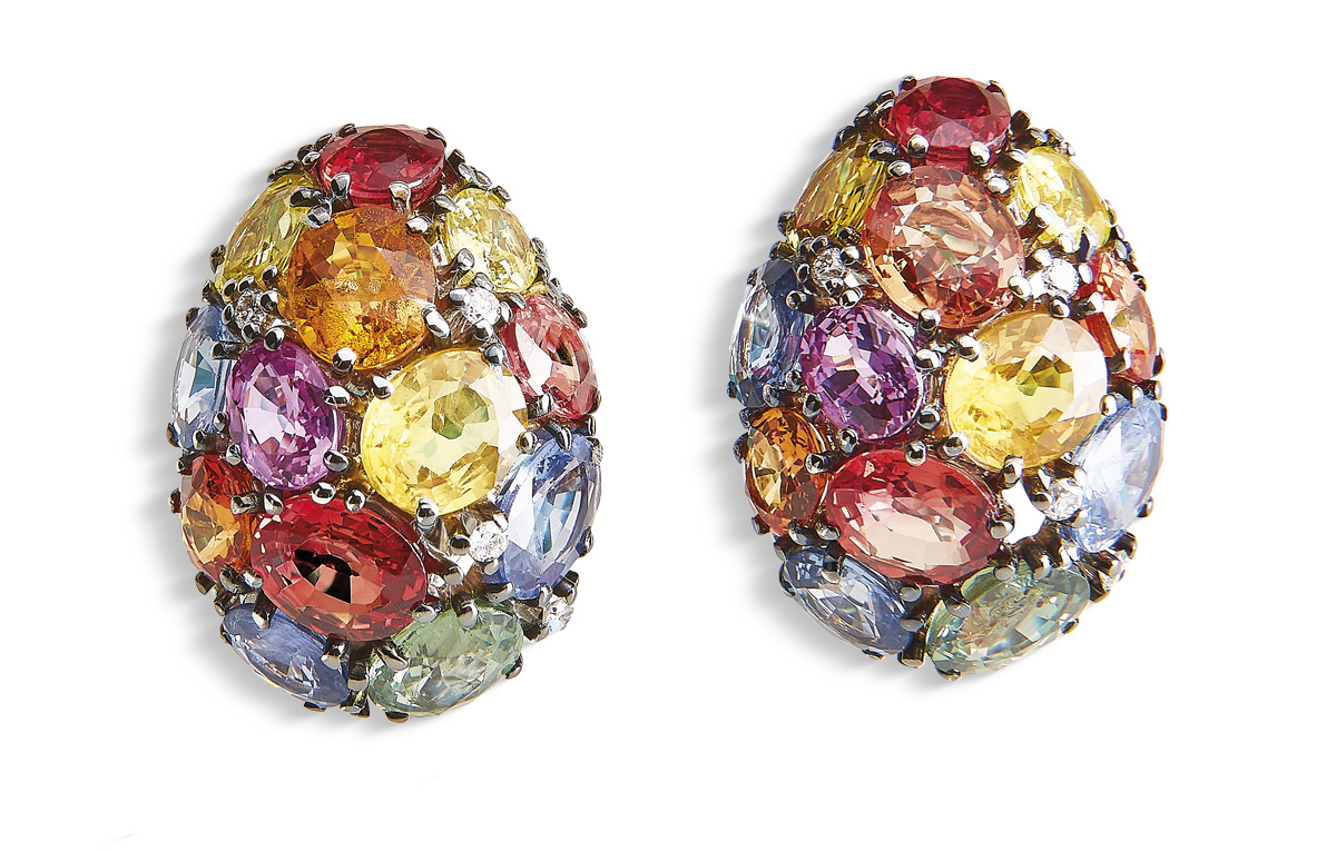 Weißgold Diamant-Ohrringe mit bunten Saphiren in Hamburg kaufen bei Juwelier Wilm, Ballindamm 26